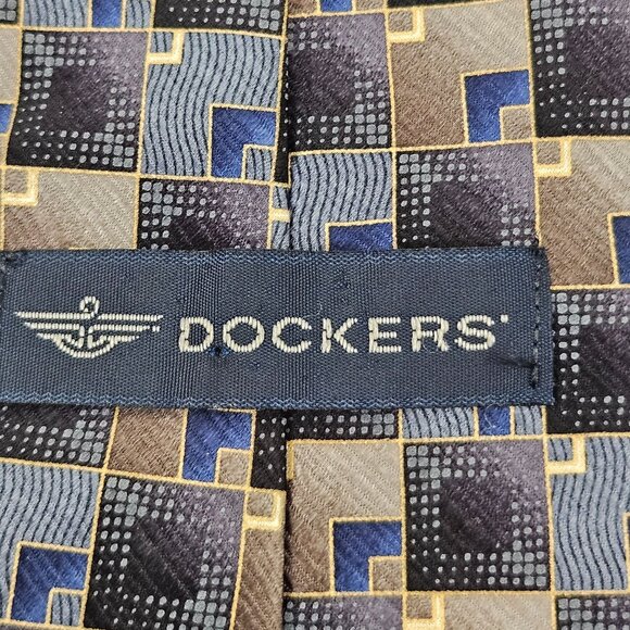 Dockers Mens Geometric Checkered Silk Tie Navy & Brown Korea Vintage Dressy - Picture 3 of 7